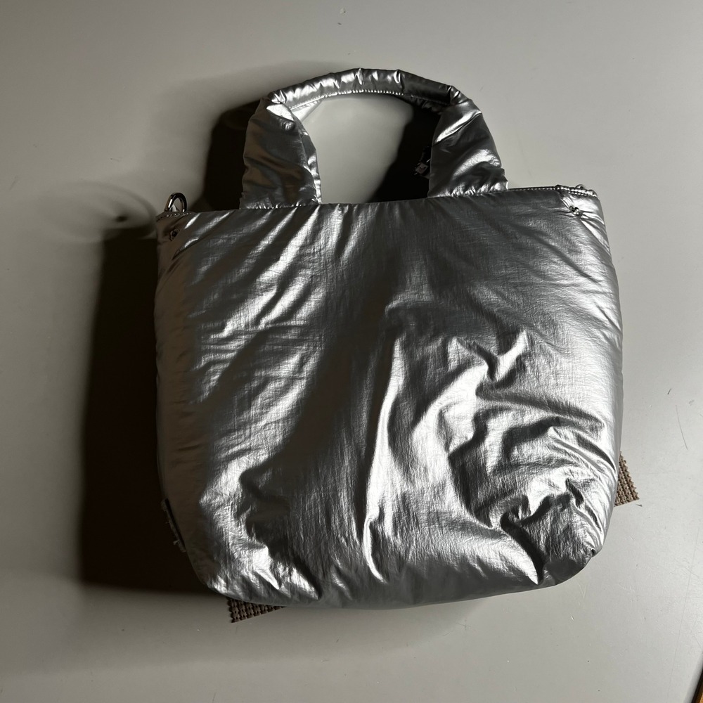 Caraa Metallic Silver Puffer Tote Bag Nylon Feather Handcrafted Padded Handbag